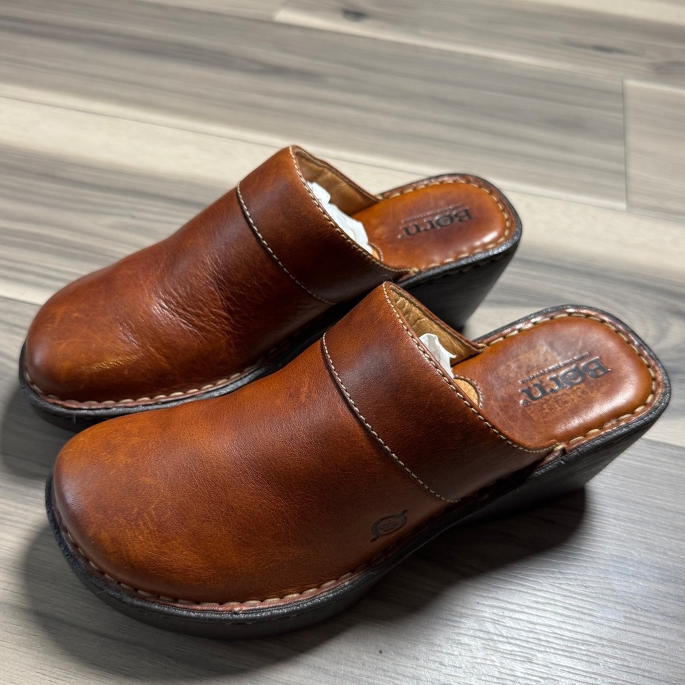 Born Womens Brown Leather Clogs Mules Platform Wedge Shoes W5634 Size 6